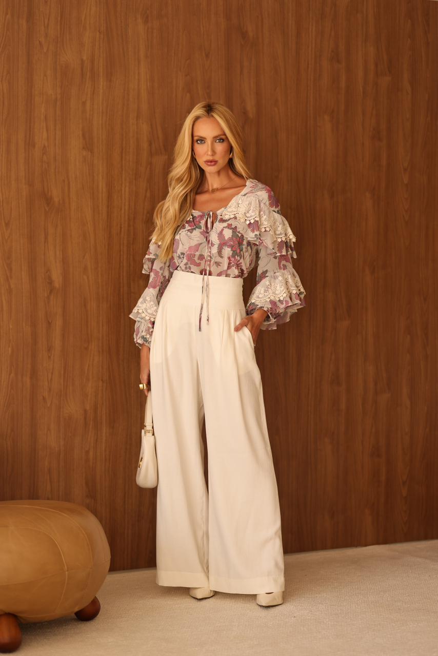 CALÇA PANTALONA CINTURA ALTA COM CÓS ESTRUTURADO